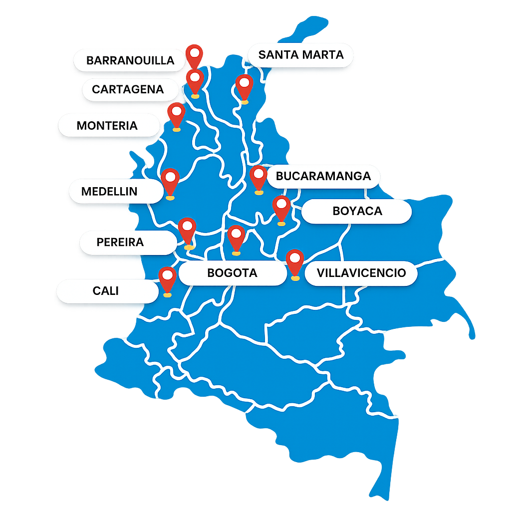 Mapa de presencia nacional de OPUS Ingeniería en Colombia